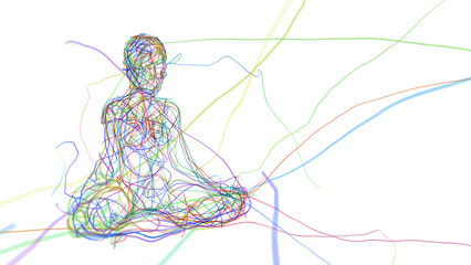 3D illustration. a person in a meditative form is created from the threads of karma