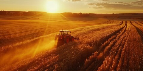 Fototapeta premium Tractor Harvesting Wheat Field at Sunset in Rural Landscape