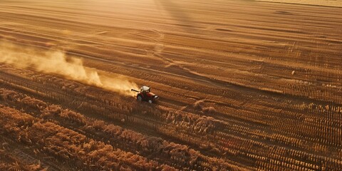 Obraz premium Aerial View of Tractor Harvesting a Field at Sunset