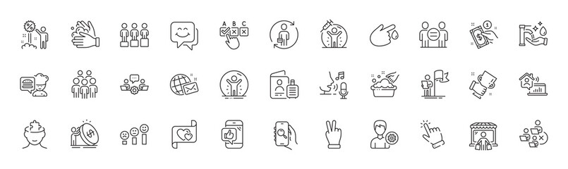 Remove team, Inflation and Search app line icons. Pack of Correct checkbox, Recovered person, Passport icon. Leadership, Cursor, Washing hands pictogram. Smile face, World mail, Victory hand. Vector