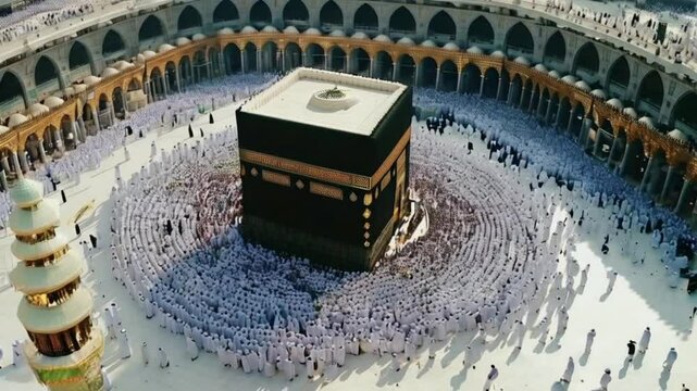 Aerial View of the Kaaba During Hajj. A vast crowd of pilgrims in white robes surrounds the Kaaba, the holiest site in Islam, during the Hajj pilgrimage. Generated with AI