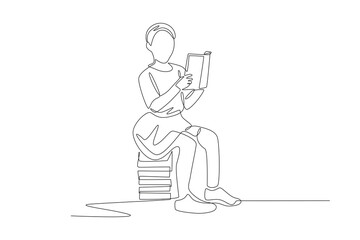 A child reading a book sits on a pile of books. Pre school concept one-line drawing