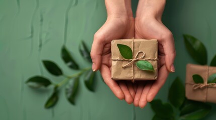 A person is holding a brown box with a green leaf tied to it