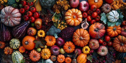 Colorful Autumn Harvest Display With Pumpkins, Apples, and Gourds