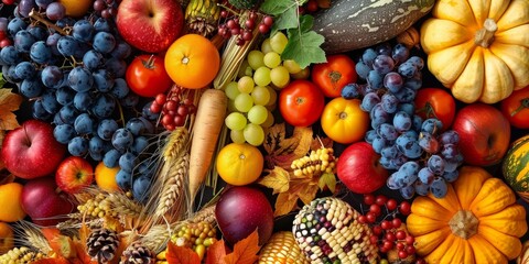 Top View of Fresh Fall Harvest Produce in Autumn