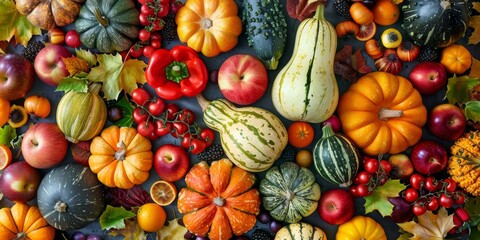 Autumn Harvest: Colorful Fruits and Vegetables Overhead View