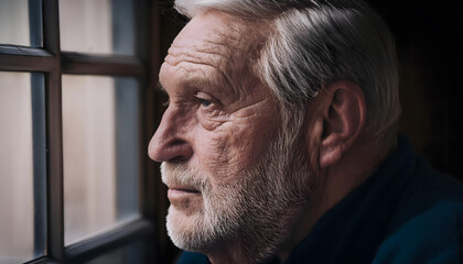 Staring sadly and gloomily out of the window. A feeling of being alone, depression, sadness. Old man.