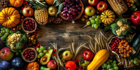 Naklejka premium Top View of Autumn Harvest on Rustic Wooden Table