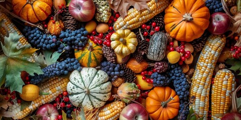 Autumn Harvest Top View of Pumpkins, Corn, Grapes, and Apples