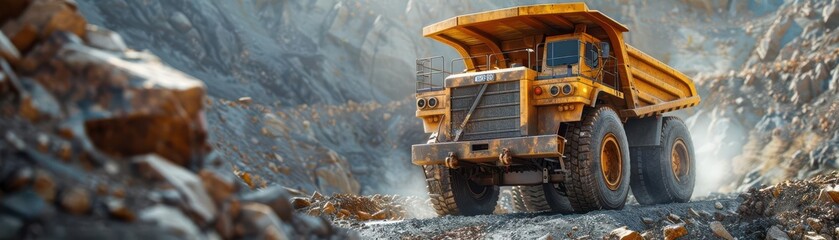 Yellow dump truck driving through a rocky terrain.