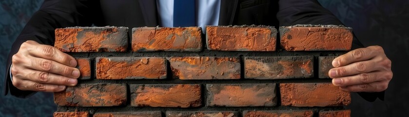Businessman breaking through a brick wall, symbolizing overcoming obstacles in the corporate world, business breakthrough