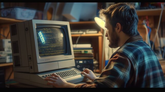 Caucasian Male Hardware Engineer Programming On Old Desktop Computer In Retro Garage. Experienced Software Developer Writing Code For New Innovative Operating System In Nineties.