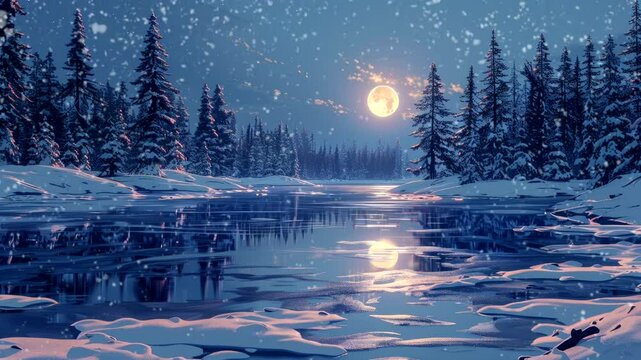 Snowy river under full moon with reflection and pine trees in winter night. Nature concept