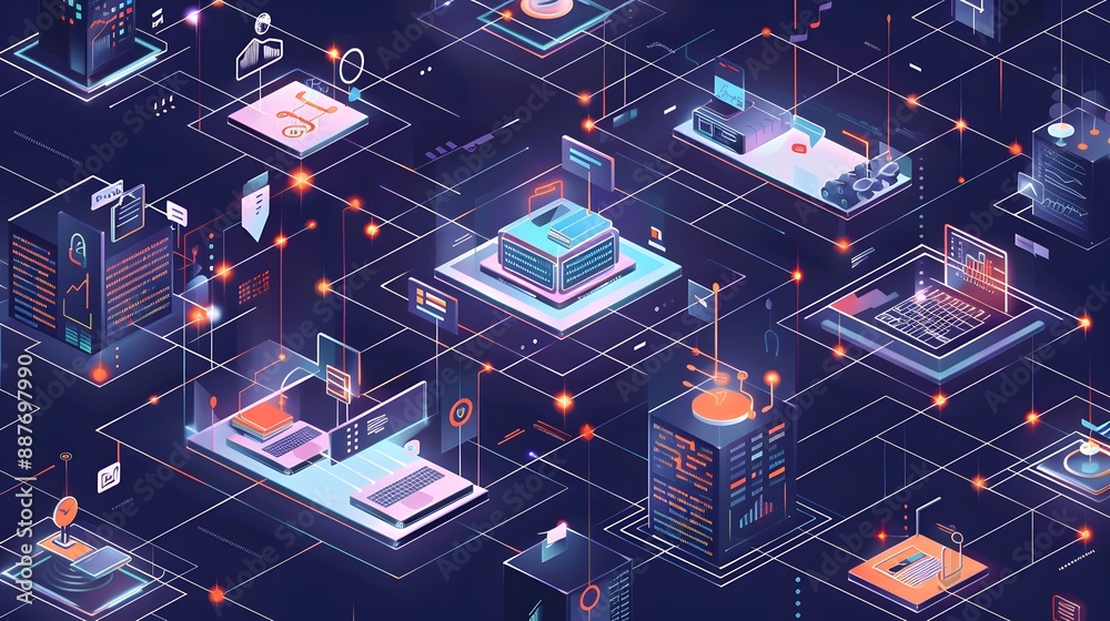 Fototapete A tech hub where different software systems are connected through APIs, enabling seamless data exchange and automation, with digital interfaces displaying interconnected applications