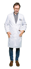Fototapeta premium Middle age doctor men wearing medical coat depressed and worry for distress, crying angry and afraid. Sad expression.