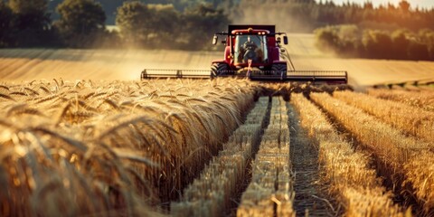 Fototapeta premium A Red Combine Harvester Cuts Wheat in a Golden Field During Harvest