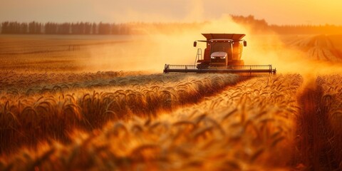 Fototapeta premium Golden Hour Wheat Harvest in a Rural Field