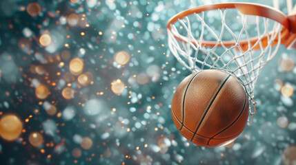 A basketball is in the air, about to go through a hoop. The image has a sense of excitement and anticipation, as the ball is in the process of being scored