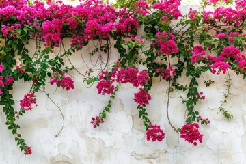 A vibrant wall of bougainvillea in full bloom, cascading over a white stucco wall