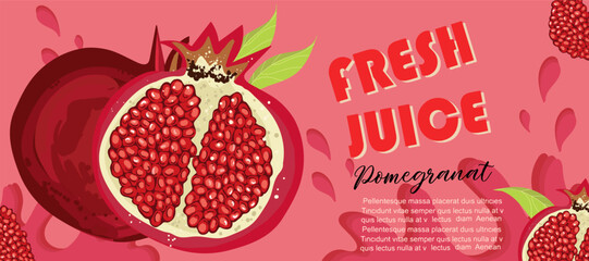 Fresh pomegranate juice splash banner, fruit slice for brand,logo, template,label, emblem, store, packaging, advertising.Vector illustration