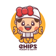 female chef cartoon mascot with chips