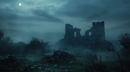 Fototapeta premium Eerie gothic castle, dark night sky, howling wind, ancient architecture, wide shot, ghostly appearance,