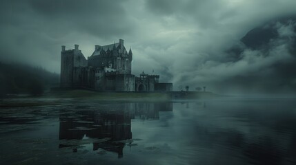 Fototapeta premium Gothic castle in the rain, dark clouds, eerie reflections, sinister vibe, wide shot, unsettling aura,