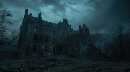 Naklejka premium Dark castle with broken windows, thunderstorm, eerie glow, creepy trees, wide shot, menacing vibe,