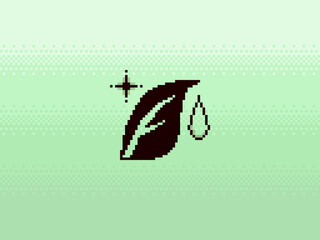 Pixel Art Concept Illustration of Ecology Green Leaf with Water Mark on Pastel Green Dithered Gradient Backdrop