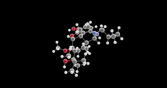 Buprenorphine molecule, rotating 3D model of opiate partial agonists, looped video on a black background
