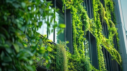 Green architecture. Green wall with plants growing inside building. Sustainable green living in urban city. Eco friendly building with vertical garden in modern office. Generated AI