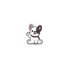 Cute french bulldog puppy sitting and waving paw cartoon, vector illustration