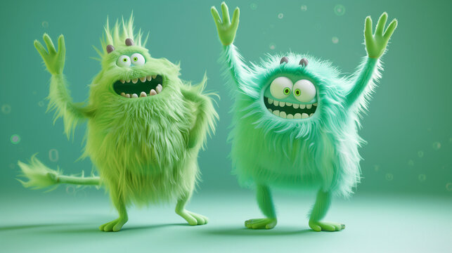 Green, furry monsters, made in a 3D cartoon style, have fun by dancing and waving their paws. Their funny faces and expressive, smiling faces attract attention.
