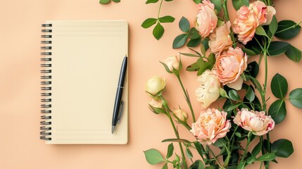 Guest list. Notebook, pen and beautiful flowers on beige background, flat lay. Space for text