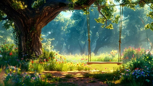 Enchanted tree with swing in magical forest clearing and vibrant sunlight. Fantasy nature concept