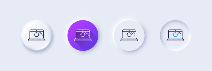 Seo laptop line icon. Neumorphic, Purple gradient, 3d pin buttons. Search engine optimization sign. Aim target symbol. Line icons. Neumorphic buttons with outline signs. Vector
