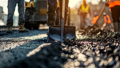 Naklejka premium Construction Workers Laying Asphalt