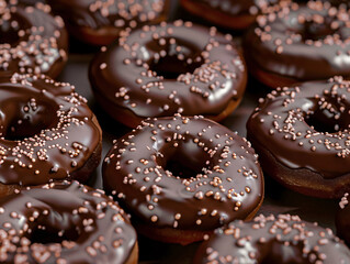 a group of chocolate donuts with sprinkles