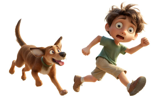 a young boy running away from a happy dog; an excited dog chases a timid boy; 3D digital art Illustration