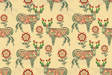 Folk art deer ethnic oriental sarong saree ikat seamless pattern traditional background. vector design for folk art fashion, ikat folk fabric, wallpaper all prints color. carpet,wallpaper,clothing.