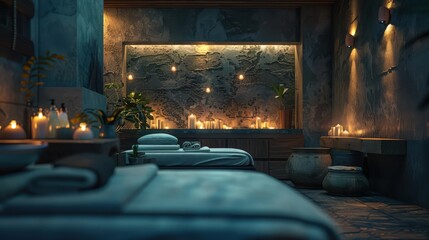 A spa room with candles and a large wall of candles