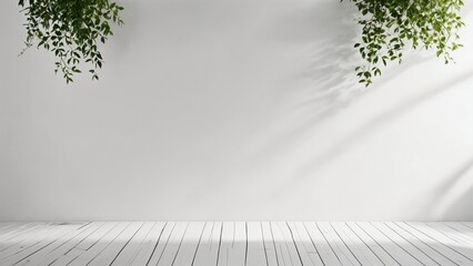 Fototapeta premium Empty white wall and floor studio with natural leaves mockup background for product advertisement