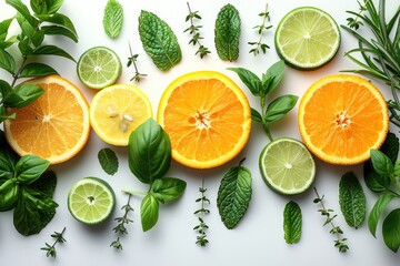 Citrus fruits and aromatic herbs composition on white background