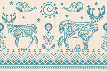 Folk art deer ethnic oriental sarong saree ikat seamless pattern traditional background. vector design for folk art fashion, ikat folk fabric, wallpaper all prints color. carpet,wallpaper,clothing.