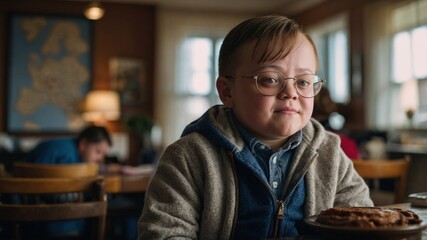 Fototapeta premium A young boy with Down syndrome wearing glasses and a jacket, sitting indoors and smiling at a table with a cake. 