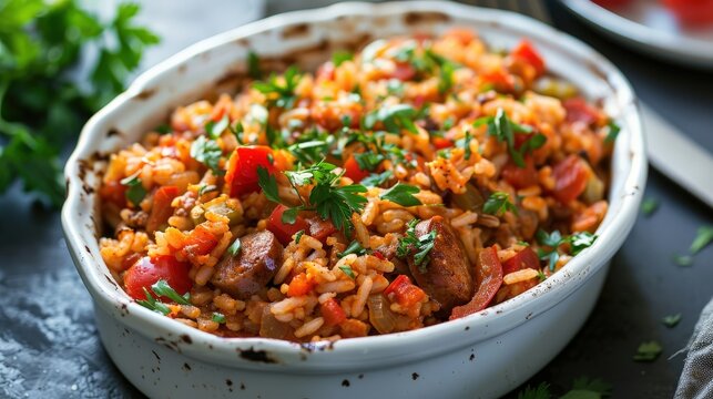A close-up of a white baking dish filled with a homemade sausage and rice dish, topped with fresh parsley