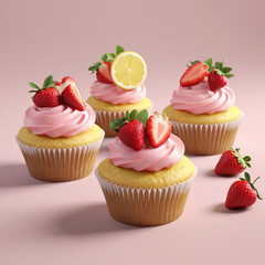 3D Vegan Lemon Strawberry Cupcakes. Strawberry Topped Cupcakes. Strawberry on fork topping freshly baked cupcakes