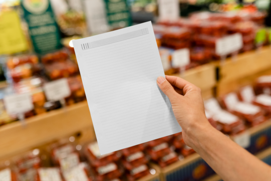 Paper png mockup transparent, held by a woman doing grocery shopping