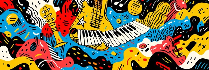 Abstract illustration of musical instruments with colorful shapes. Digital art style. Music and art concept. Design for wallpaper, poster, and banner. Top view