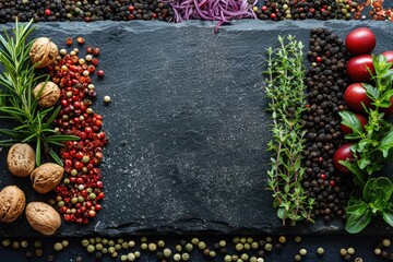 Colorful spices and herbs on a black stone background